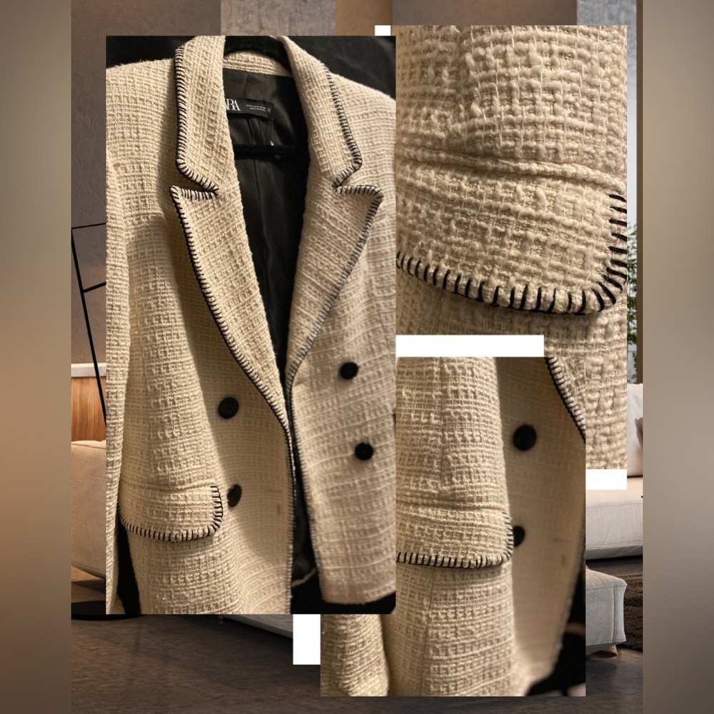 Zara Textured Cream Blazer with Black Details - Picture 2 of 8